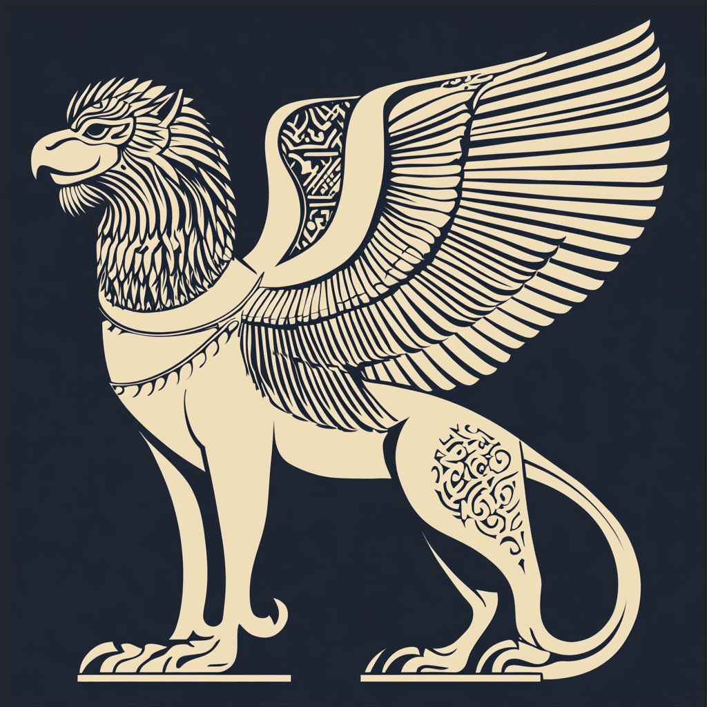 Minimal 2D vector art of Persian-inspired griffin.