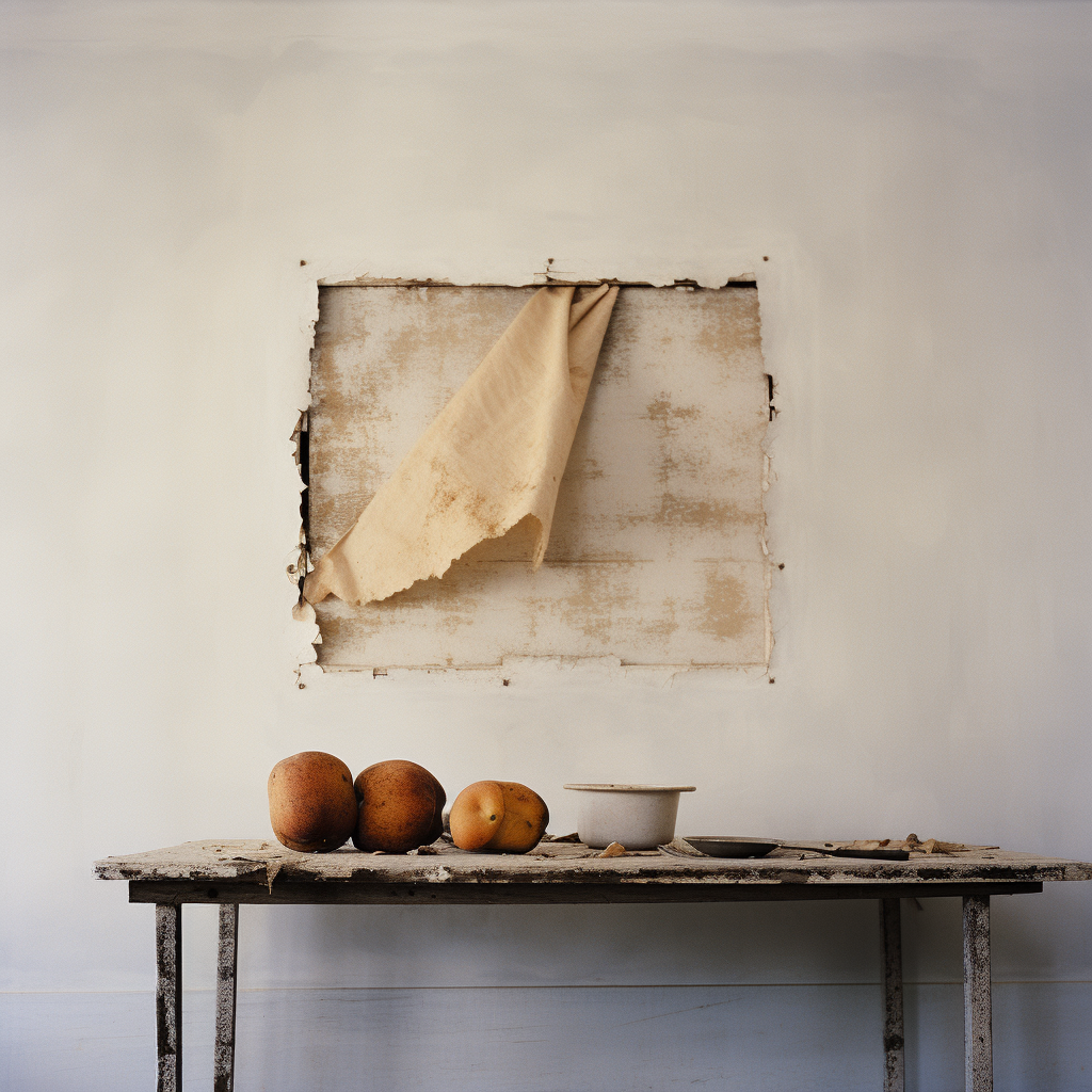 Rotting apple and peach on a minimal table