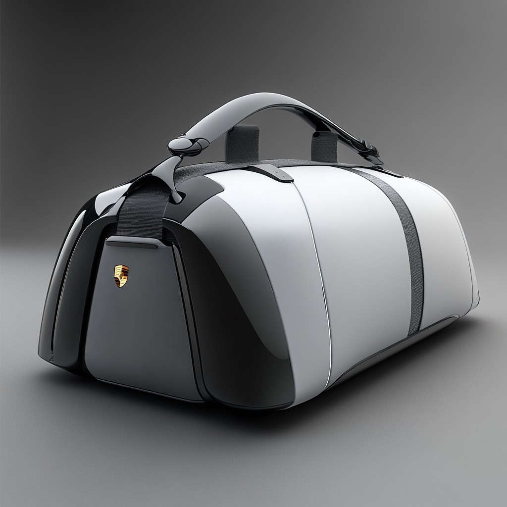 Minimal futuristic Porsche duffle bag with logo, realistic model.