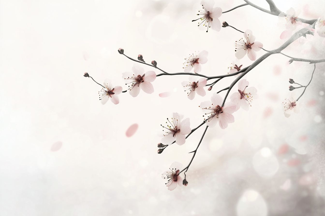 Minimal landscape with blossoming tree branch, delicate pink flowers.