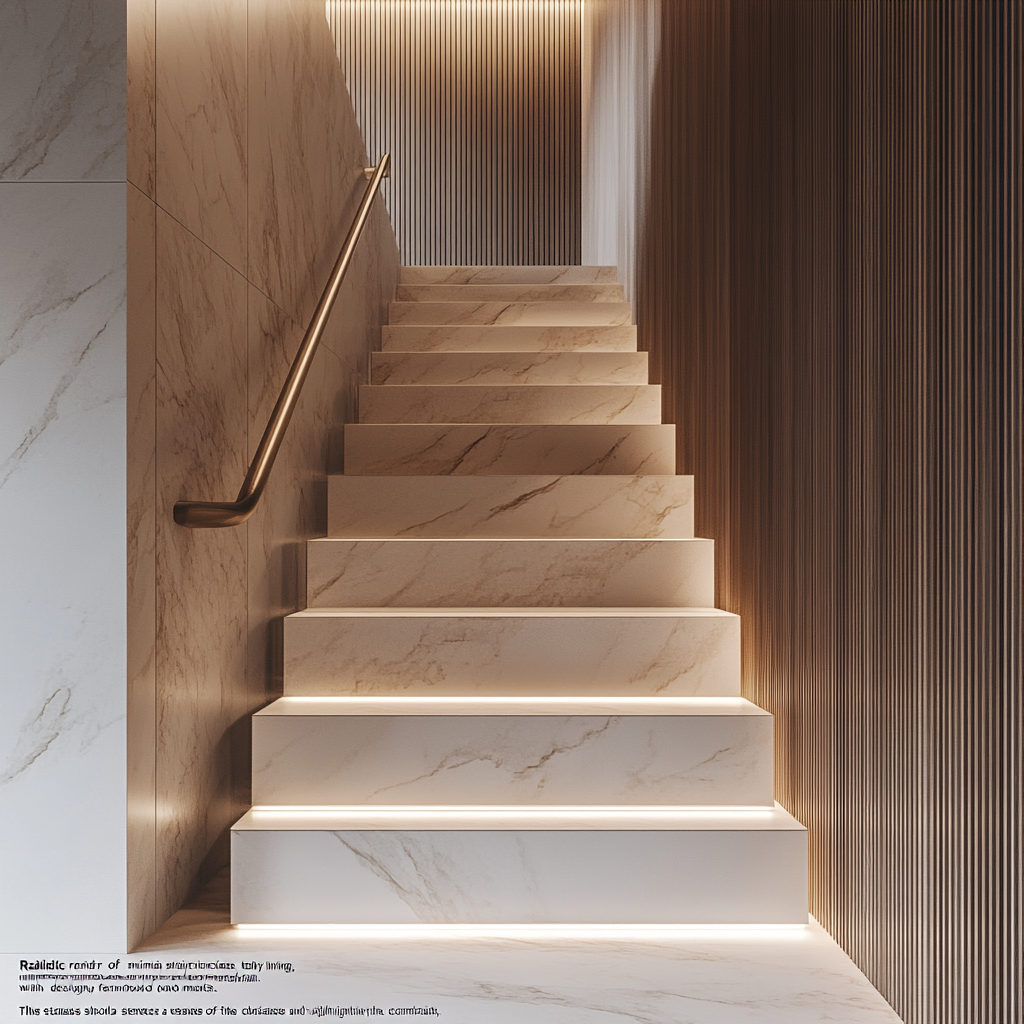 Minimal staircase with elegant marble and warm wood textures.