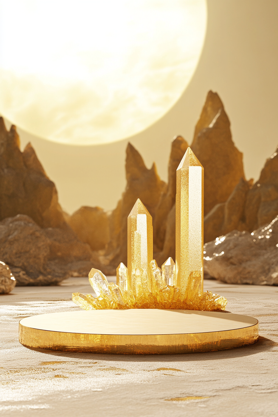 Minimal zen desert sunset scene with yellow crystal platform.