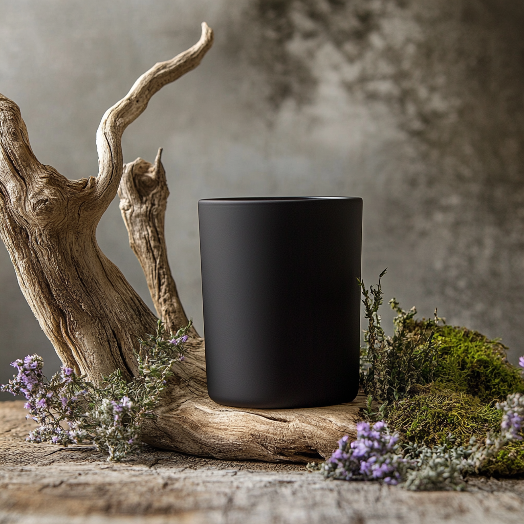 Minimalist, eco-luxury candle on driftwood with moss.