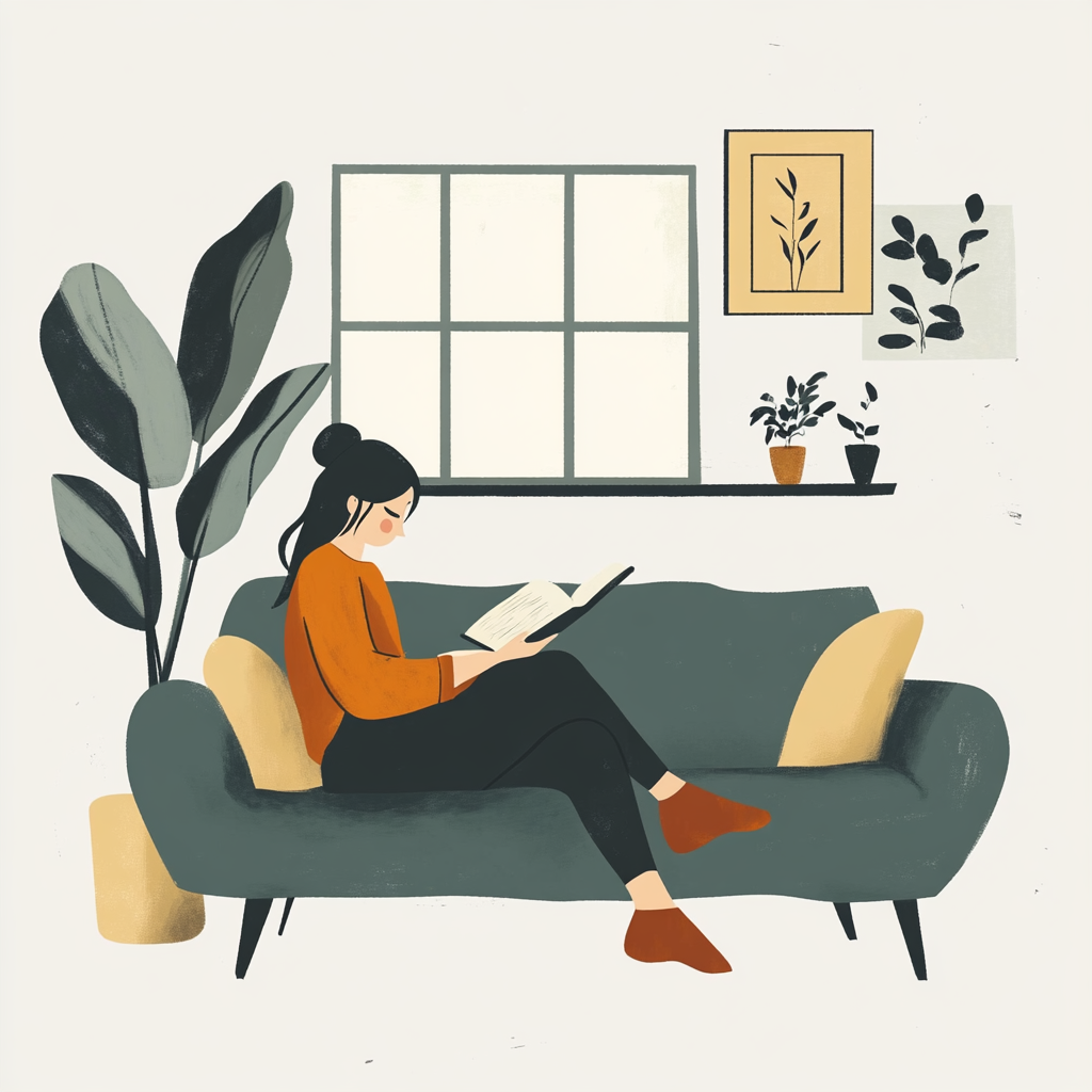 Minimalist, friendly illustration of a woman reading book.