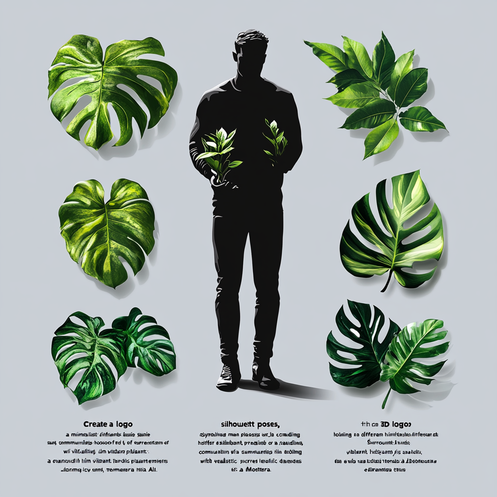 Minimalist 3D logo showcasing man in elegant poses surrounded by vibrant plant elements.