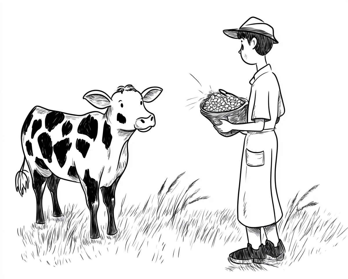 Minimalist Comic-style Child's Drawing of Cows and Farmer