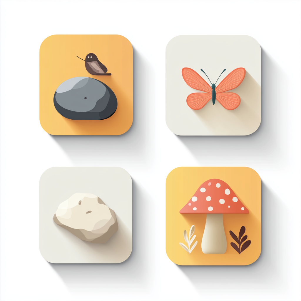 Minimalist Flat Icons: Rock, Butterfly, Bird, Mushroom