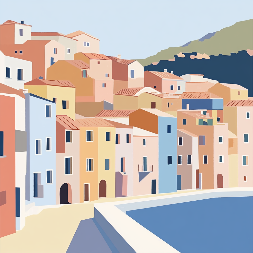 Minimalist Geometric Illustration of Bosa Village