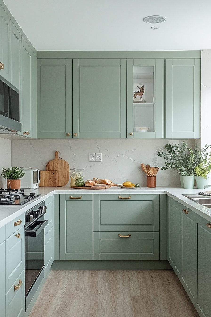 Minimalist Green Kitchen with Built-in Appliances and Natural Light