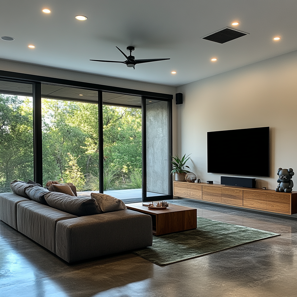 Minimalist Living Room with High Ceilings and Art