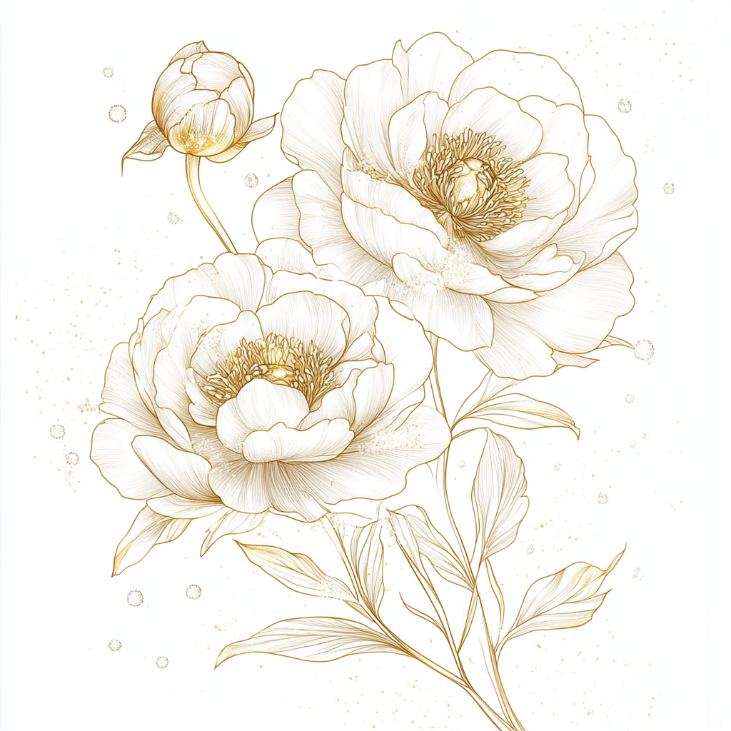 Minimalist Peony Line Drawing with Gold Accents and Crystals