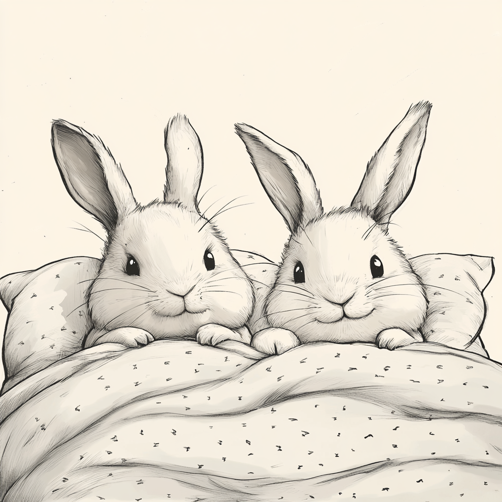 Minimalist Sharpie illustration of two bunnies in bed