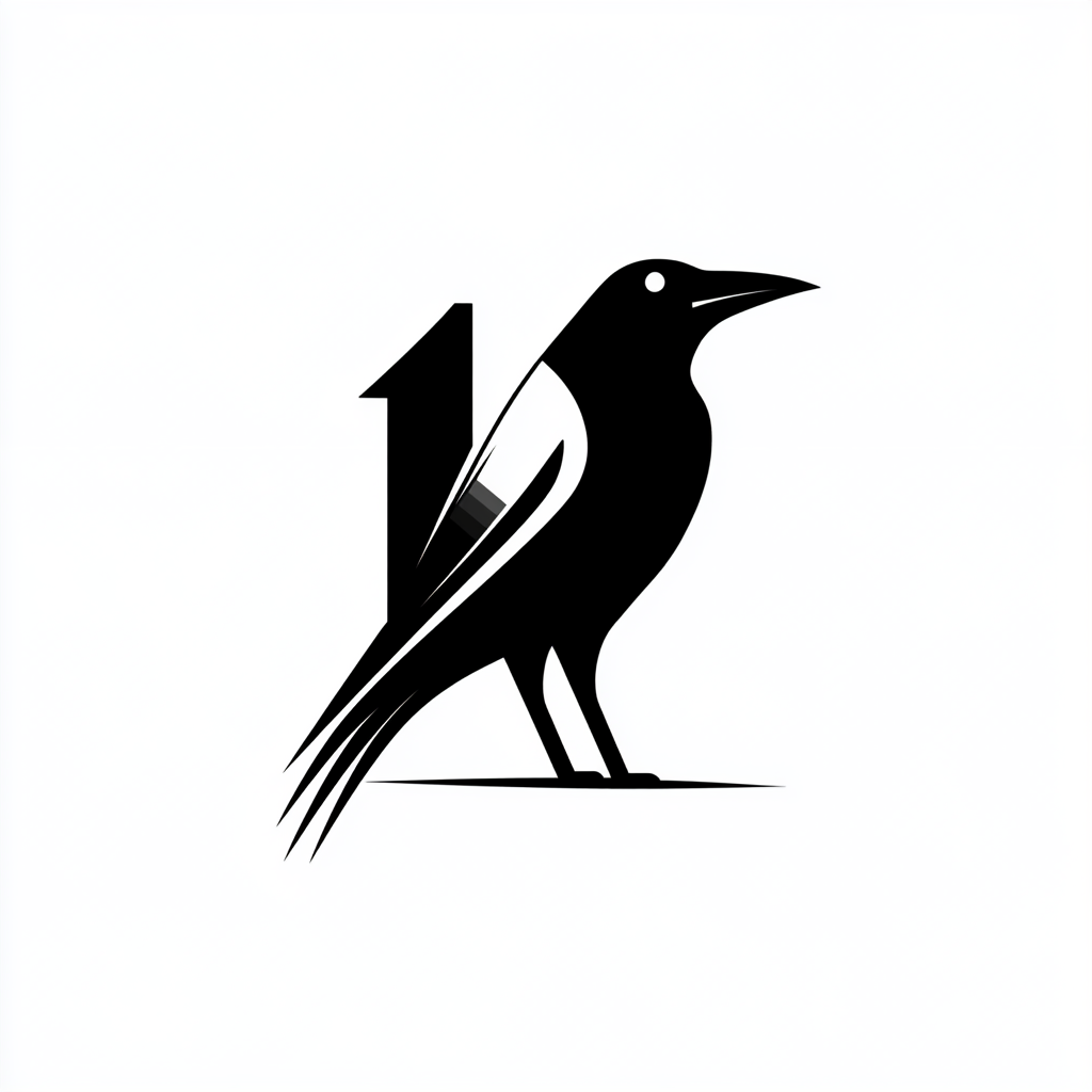 Minimalist black and white crow logo with number one.