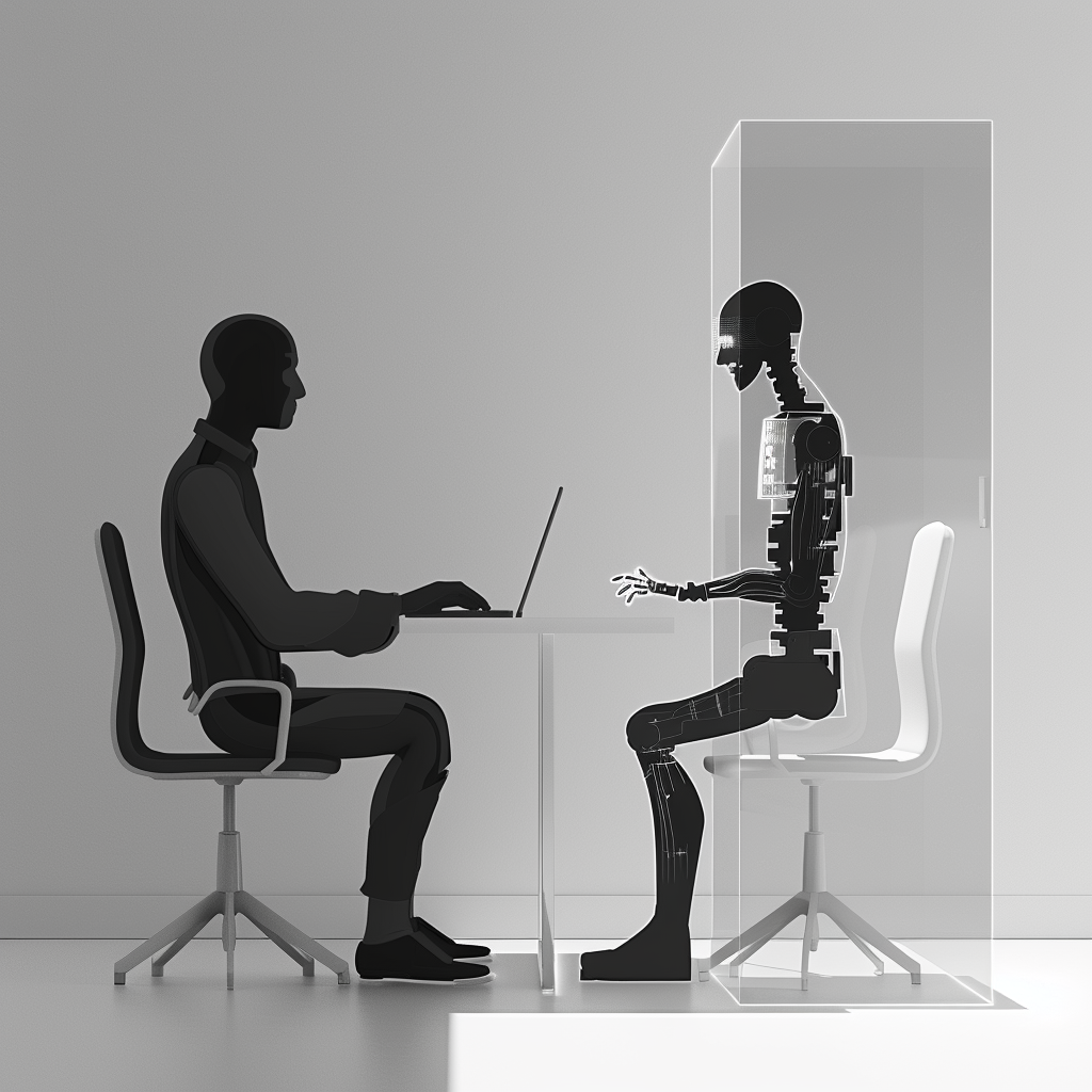 Minimalist black and white workspace with human and AI collaboration