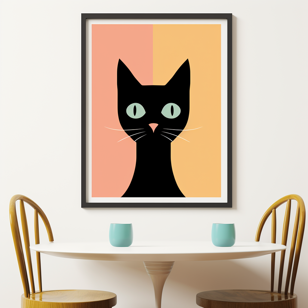 Minimalist black cat with yellow eyes at table.