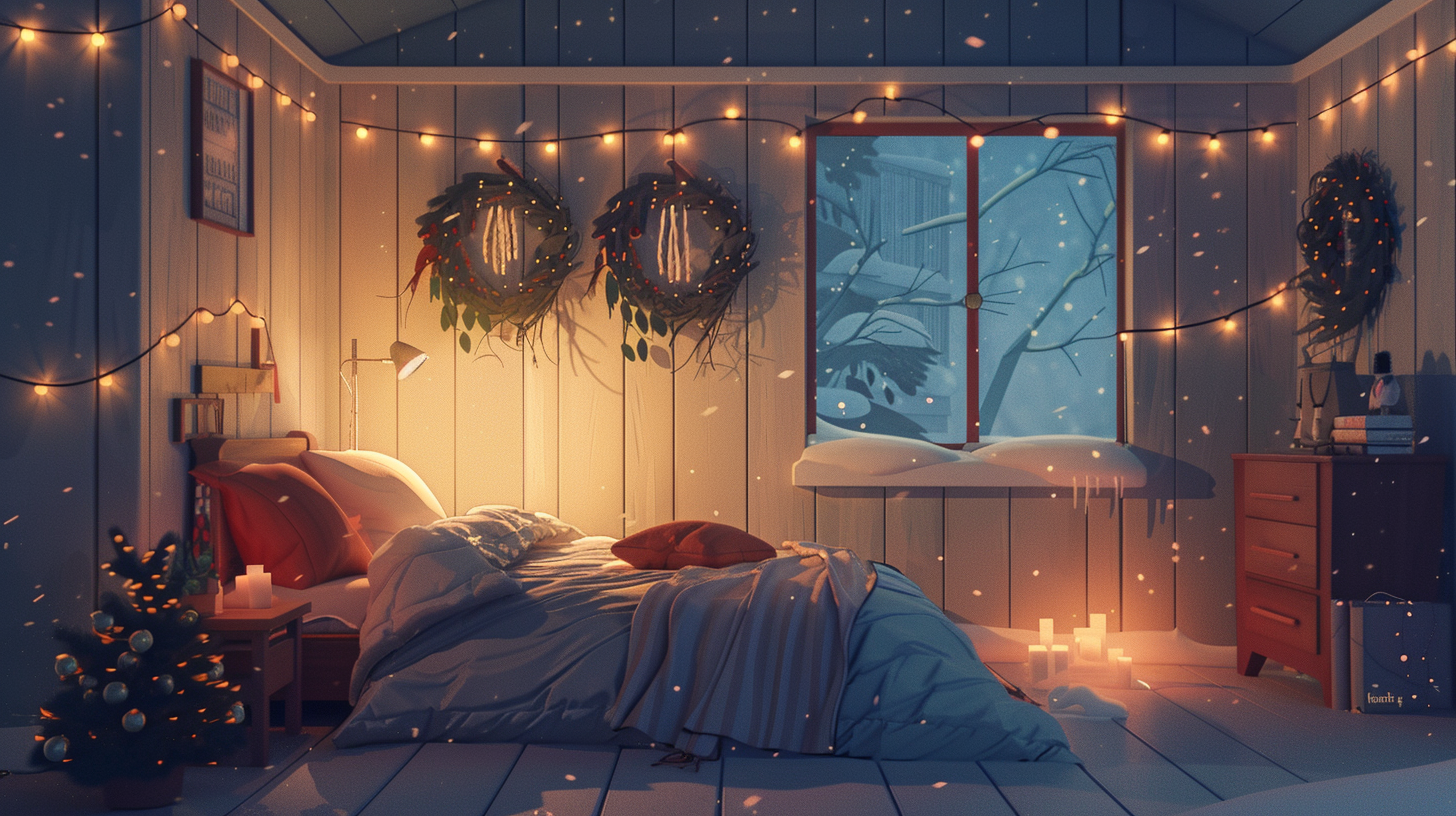 Minimalist cartoon bedroom with neutral bed, snowy Christmas decorations.