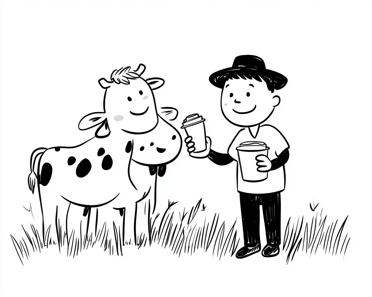 Minimalist child's drawing of cows talking to farmer