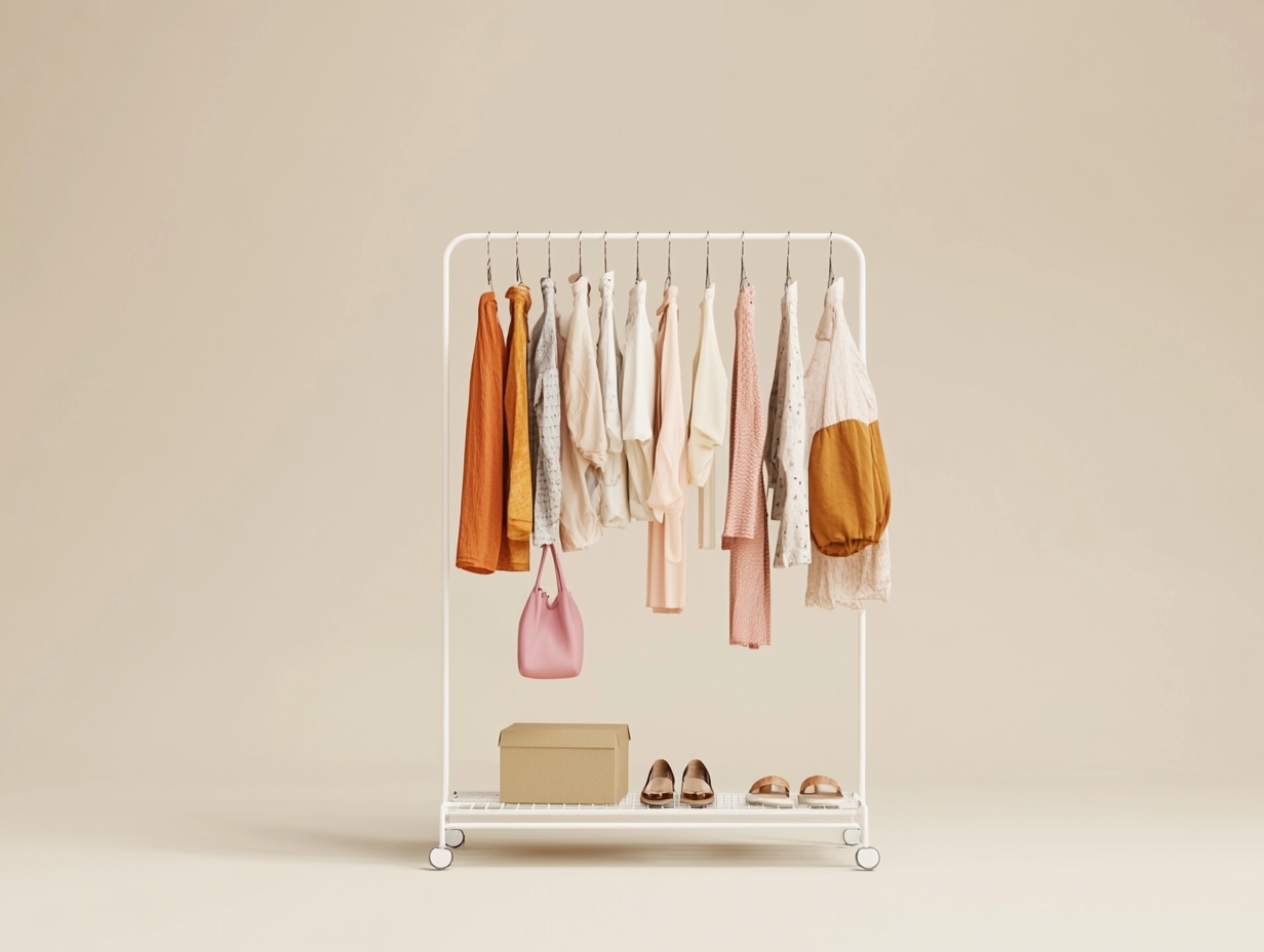 Minimalist clothing display with curated selection in calm space.