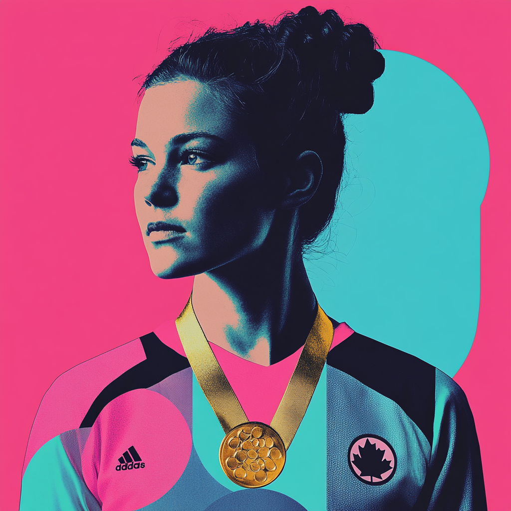 Minimalist collage of Quinn with gold medal, pop art.