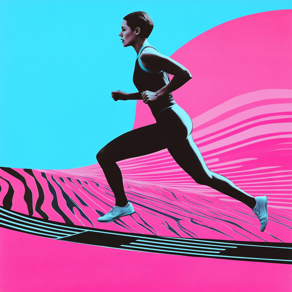 Minimalist collage of female athlete with short hair running.