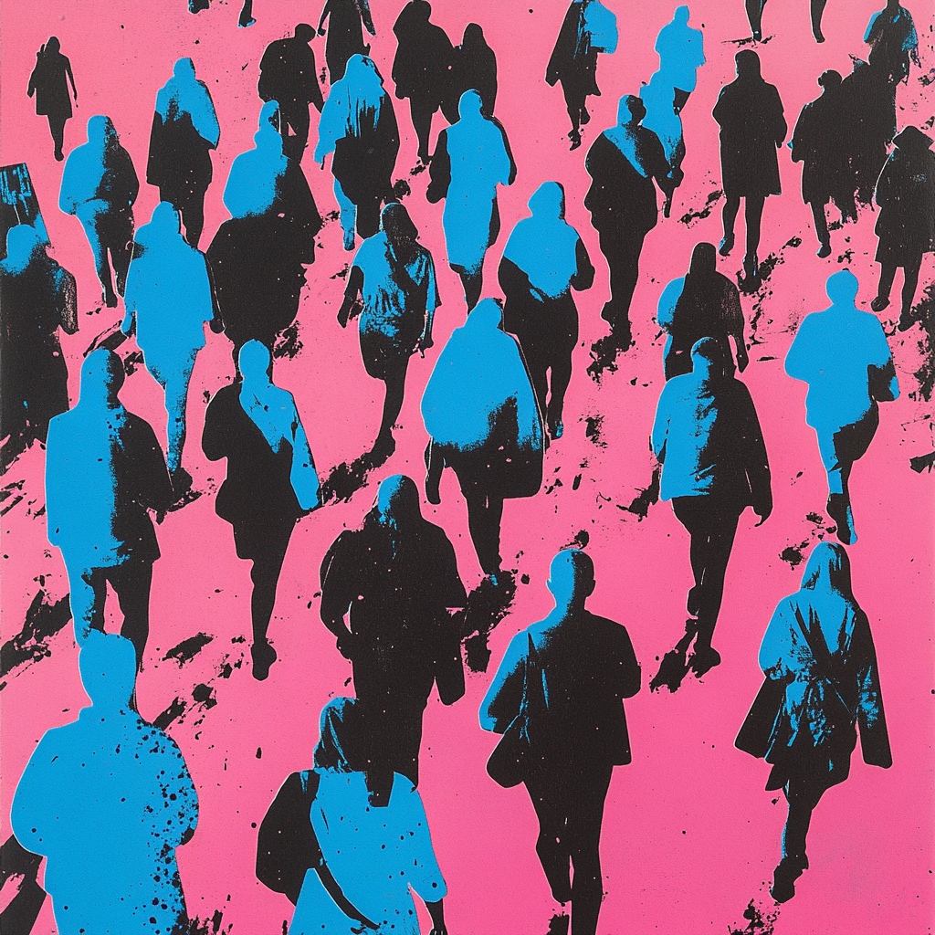 Minimalist collage: street protests for transgender rights, pink/blue/black.