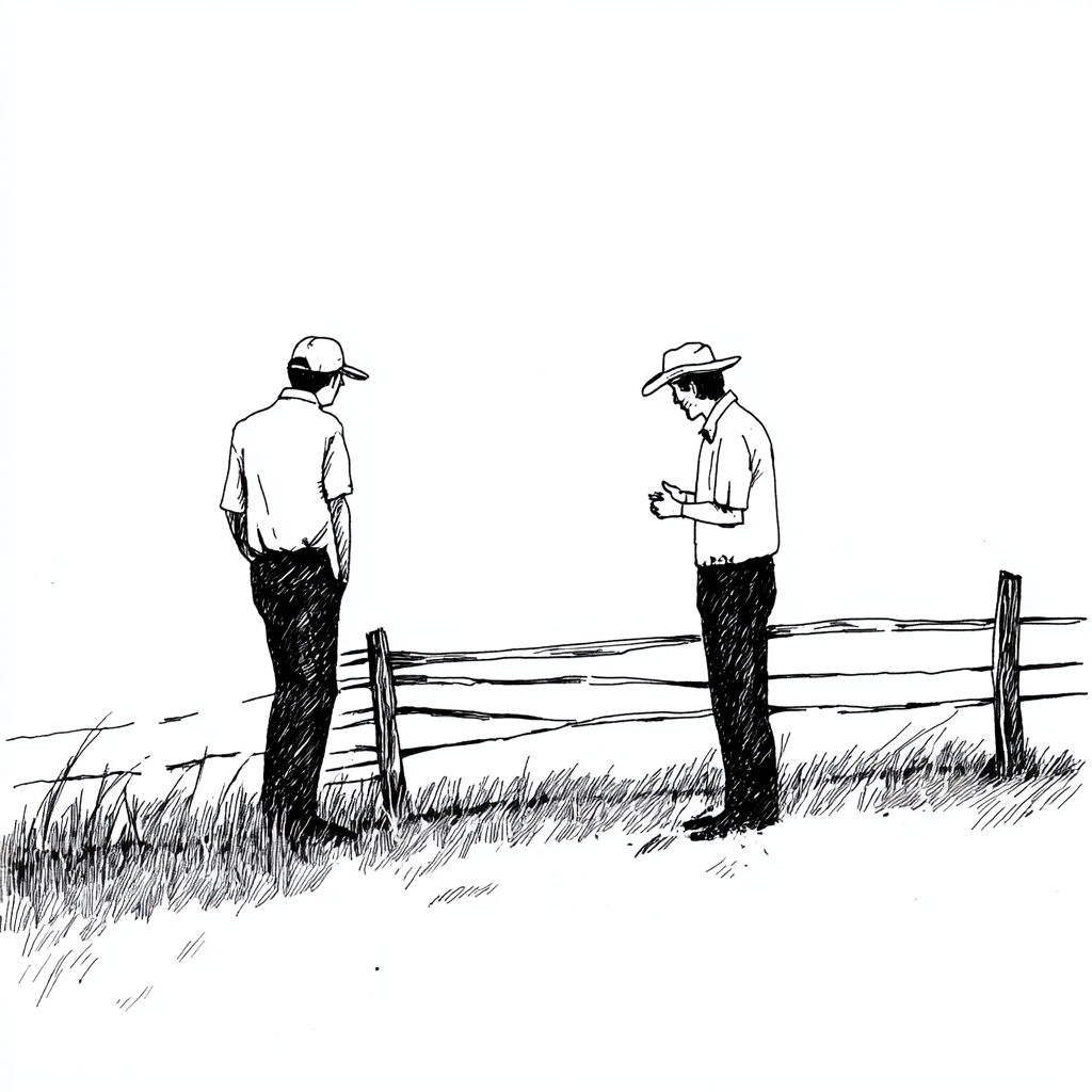 Minimalist comic-style child's drawing of two farmers talking