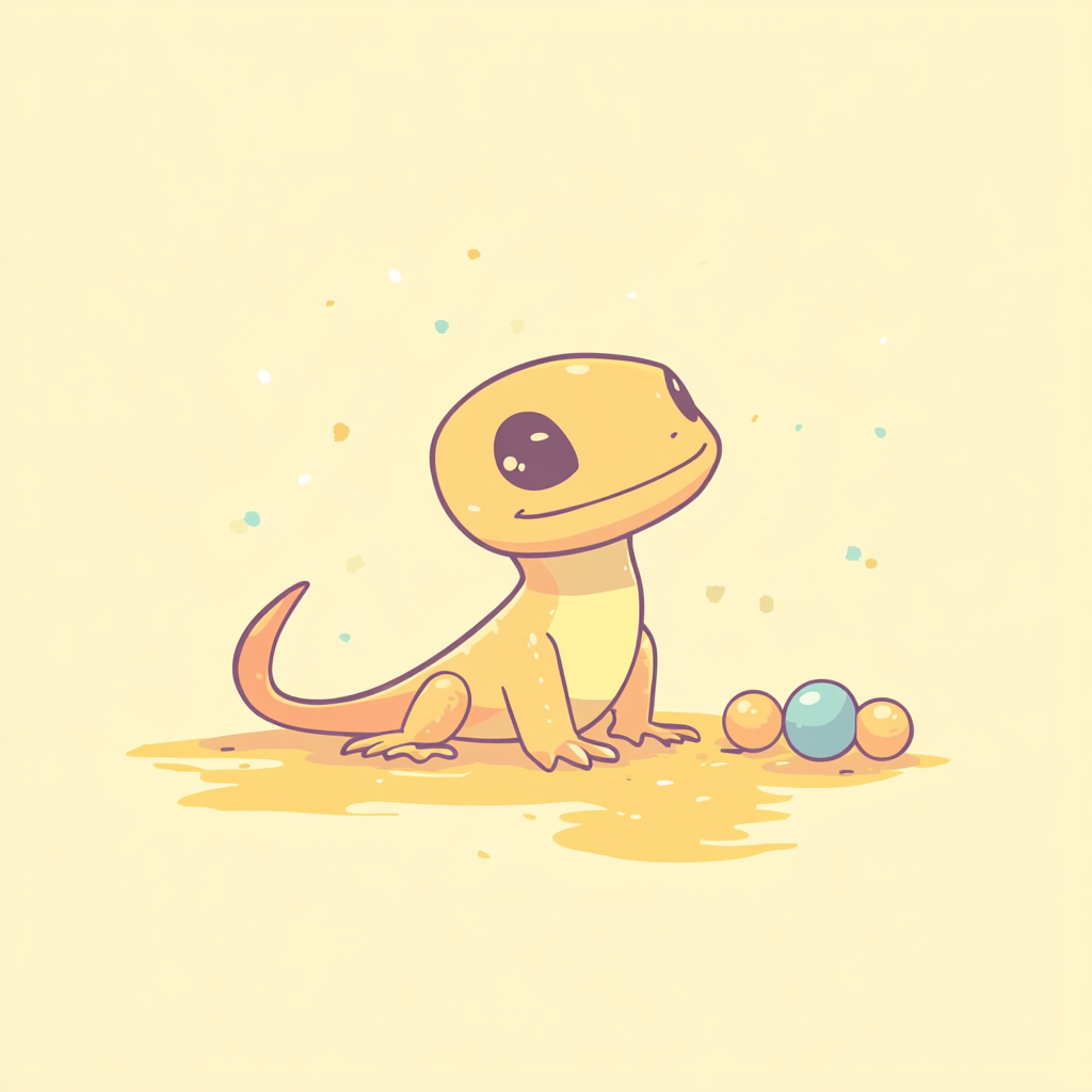 Minimalist cute lizard with balls on light yellow background.