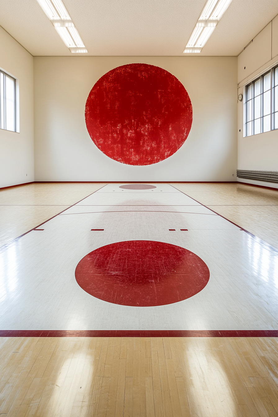 Minimalist full basketball court, Japanese flag design, sleek.