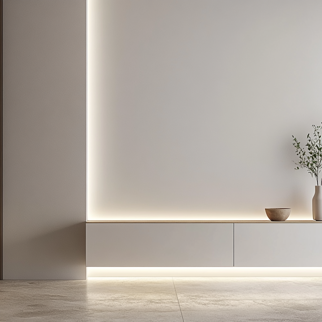 Minimalist hallway scene, white wall with subtle cabinet hint.