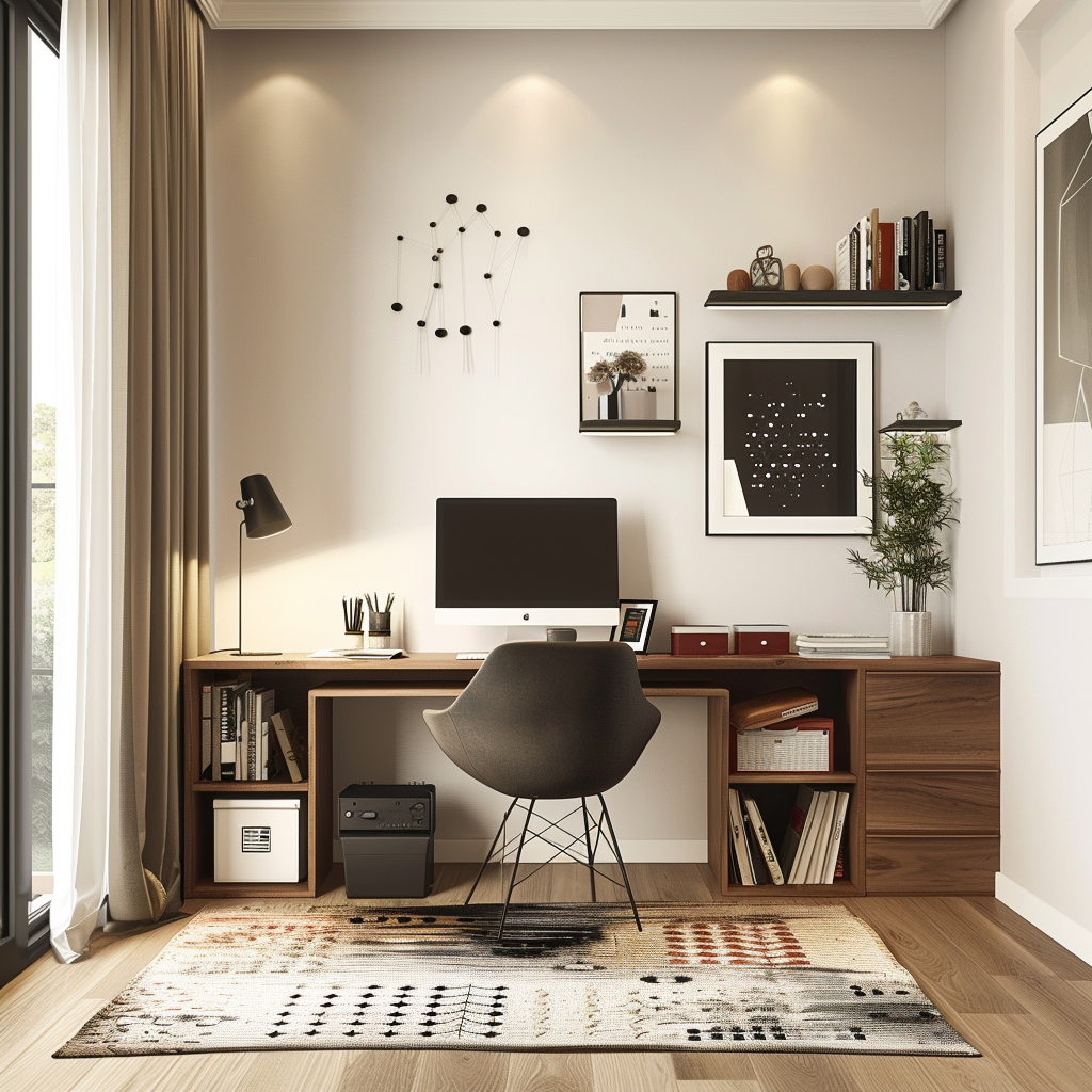 Minimalist home office with walnut desk and modern accents.