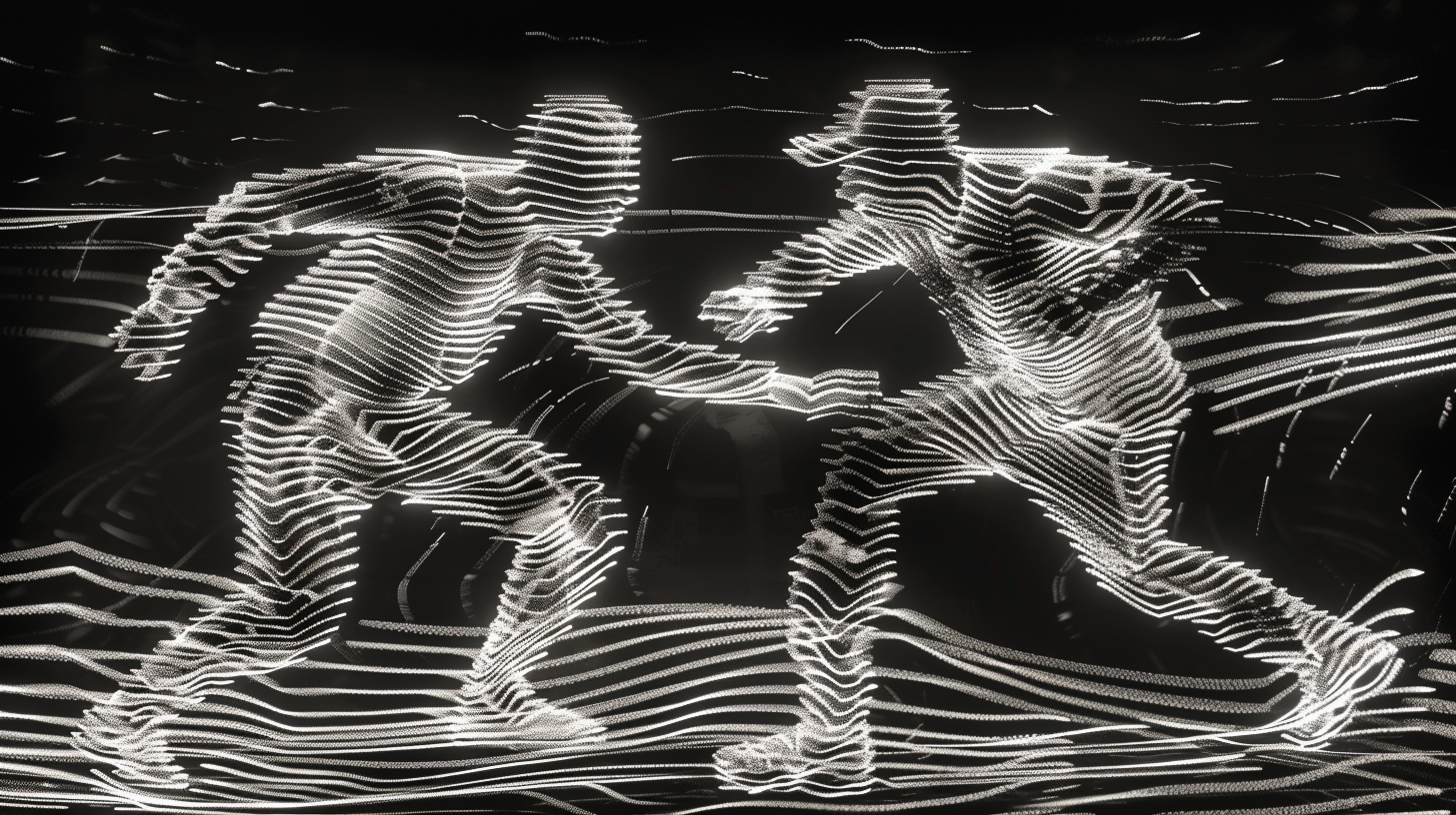 Minimalist human AI dance with flowing data lines