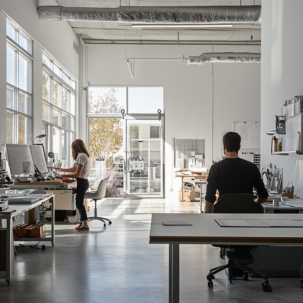 Minimalist industrial design studio with hands-on workstations.