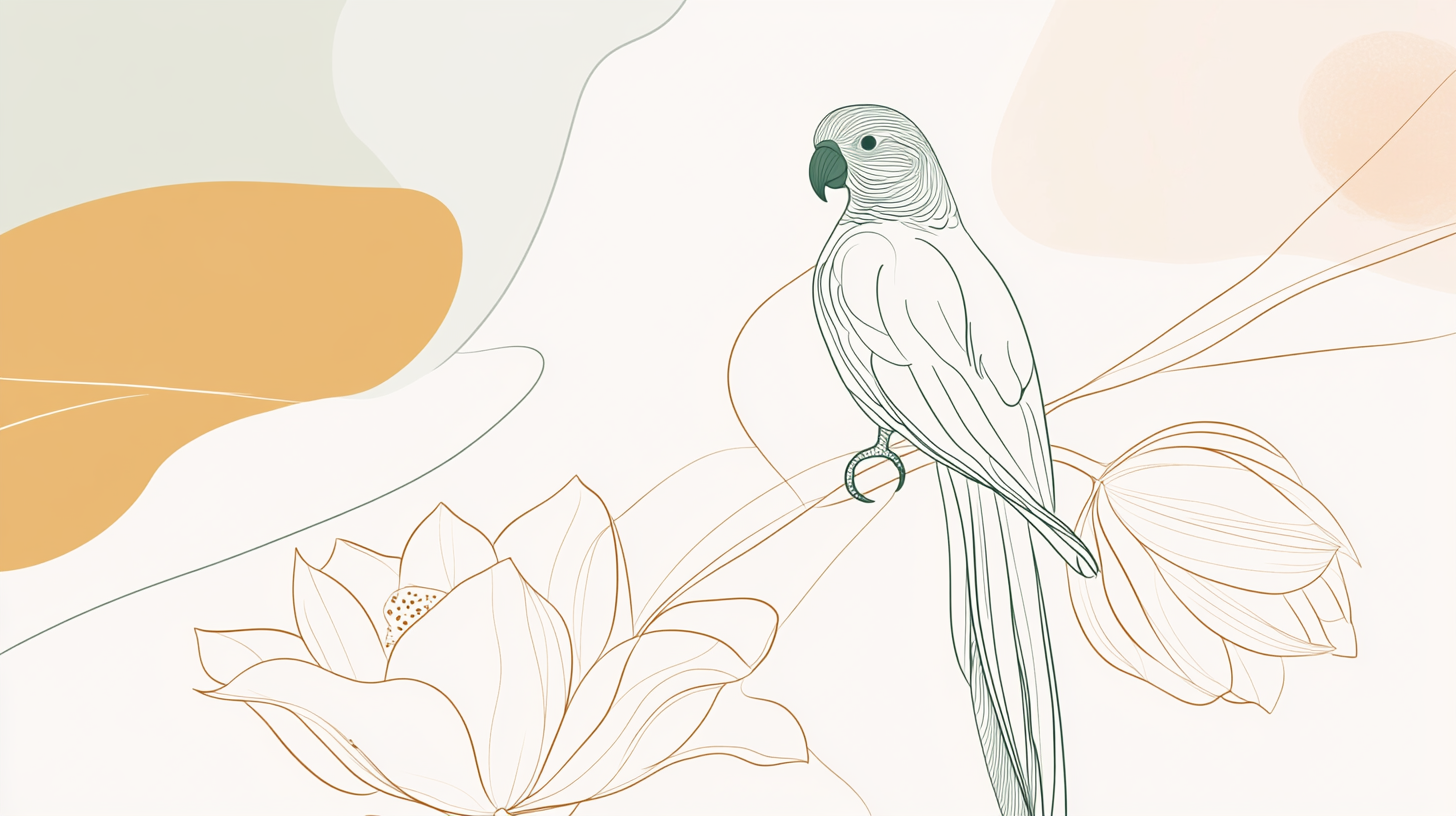 Minimalist line art parrot as Bodhisattva on lotus.