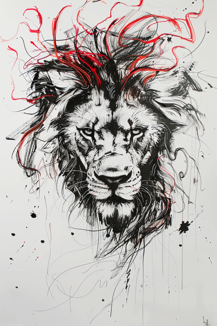 Minimalist lion head drawing with dreadlock mane, black and white.