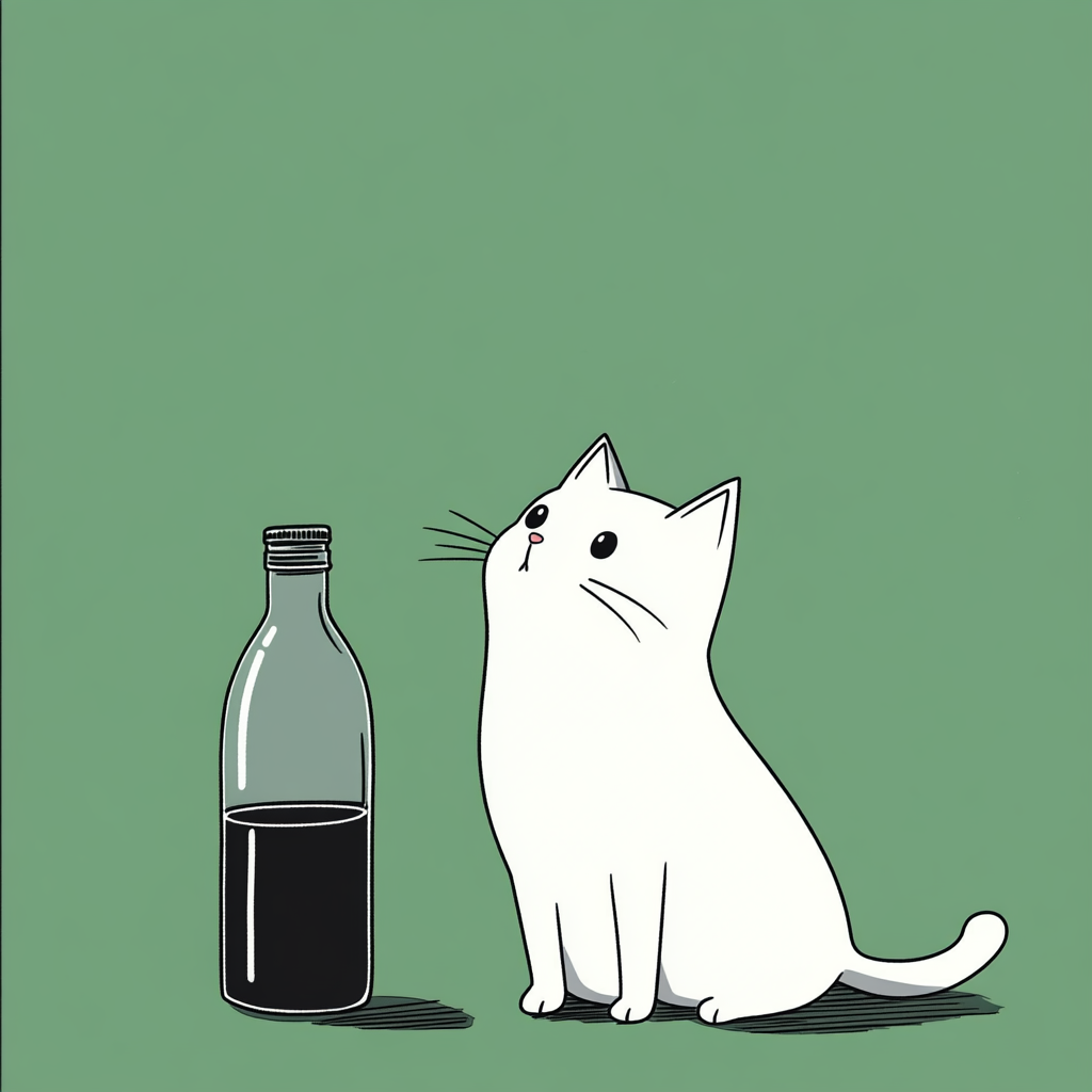 Minimalist pen drawing of cute white cat and bottle.