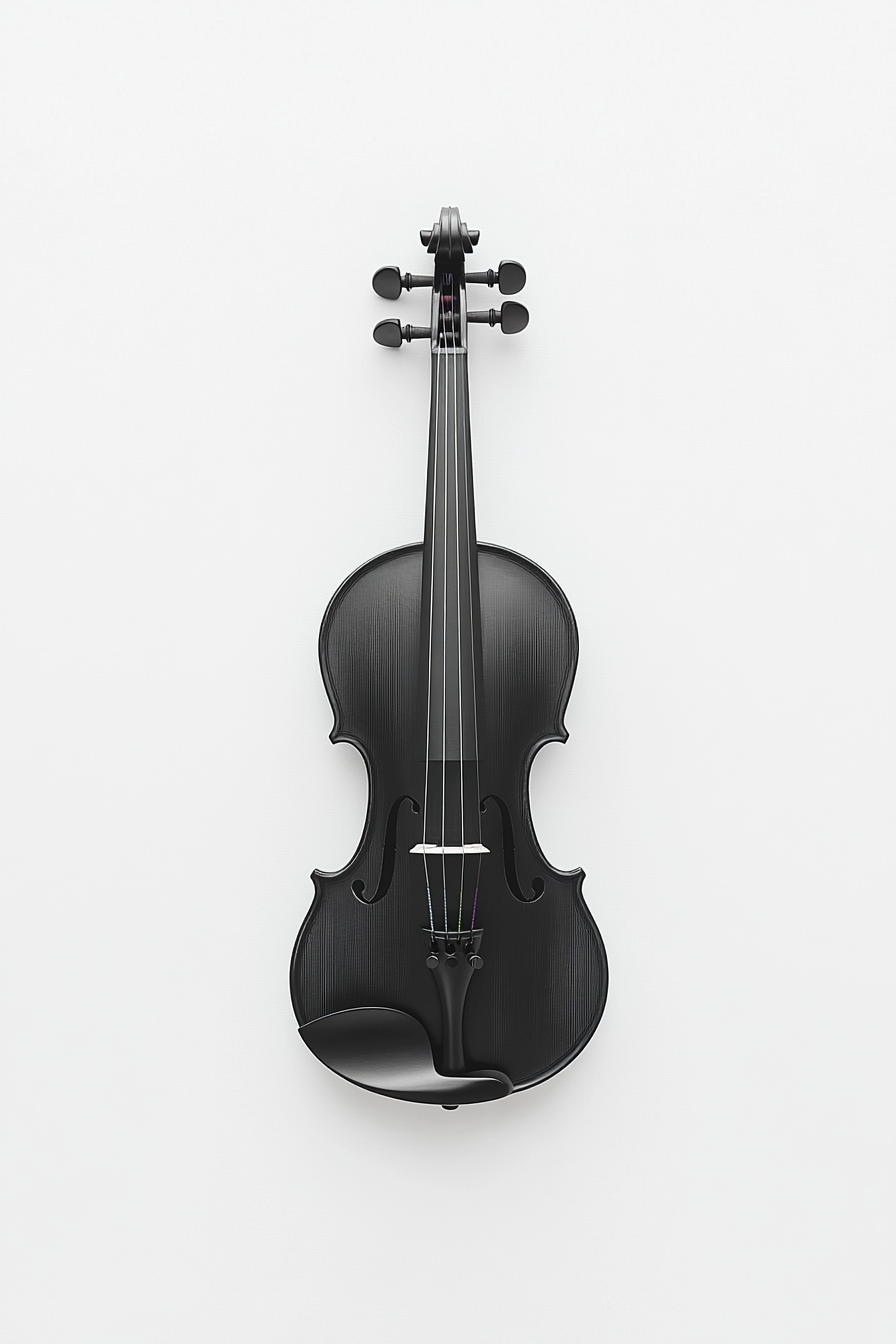 Minimalist photo of violin and bow on white background.