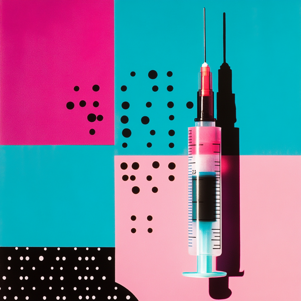 Minimalist pop art inspired collage of testosterone injection.