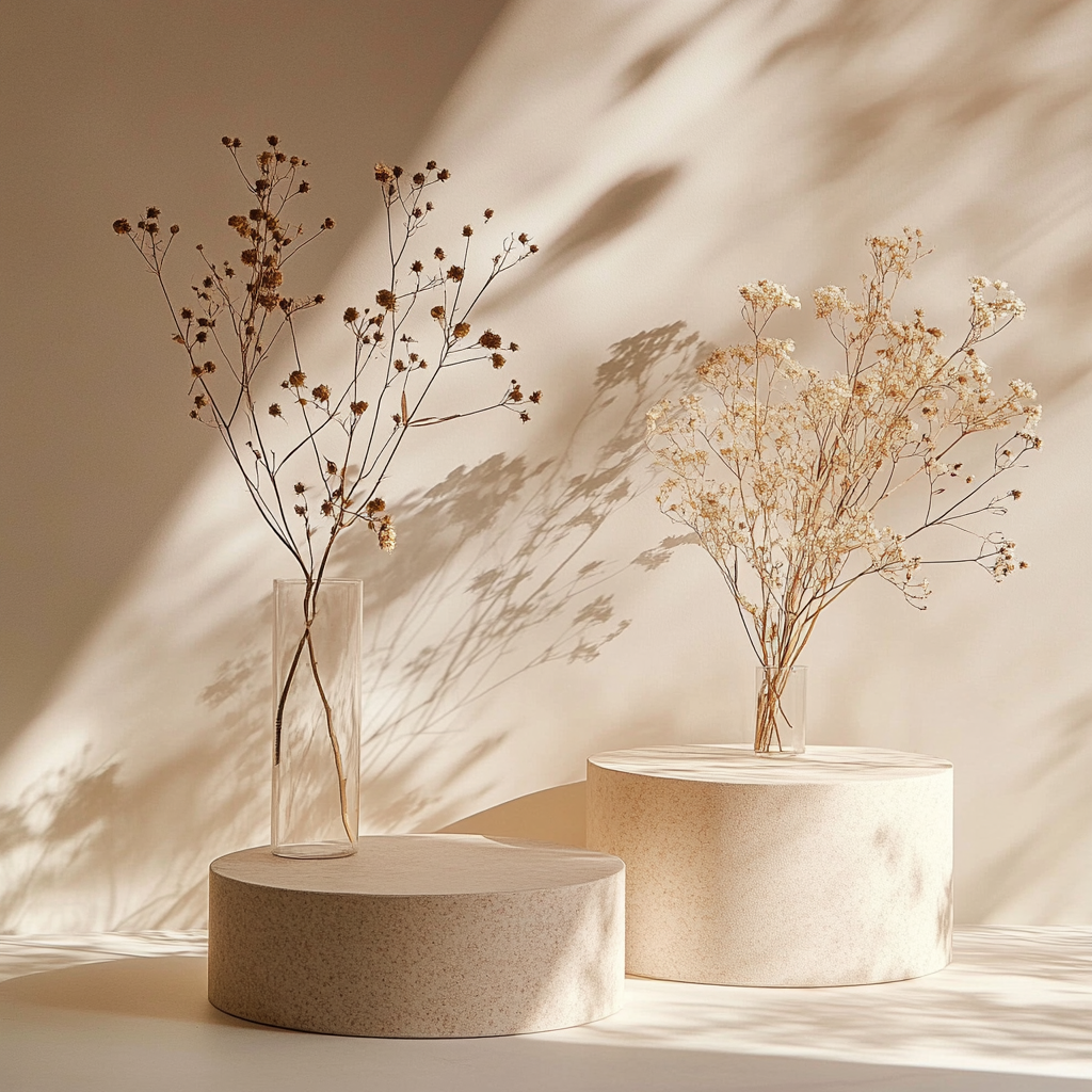 Minimalist product display with dried flowers