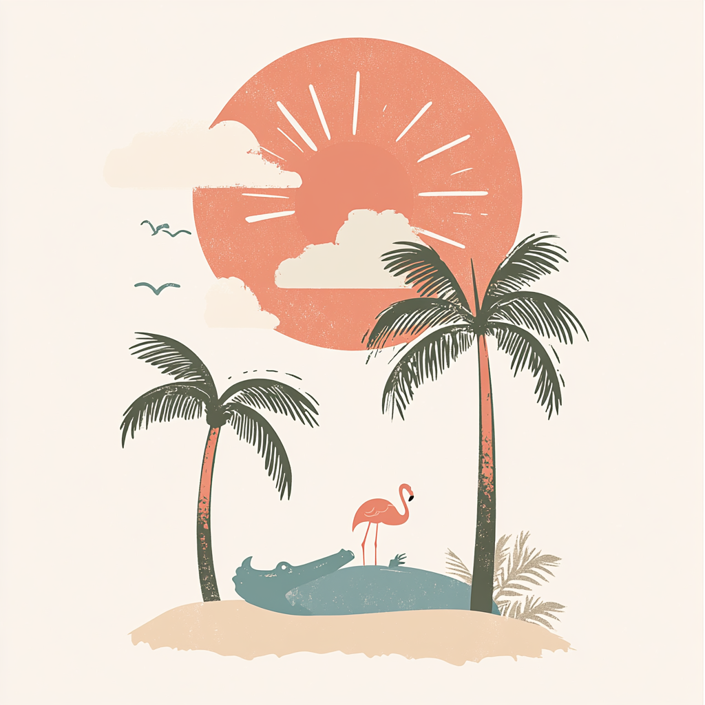 Minimalist retro logo with Miami vibe: palm trees, sun.