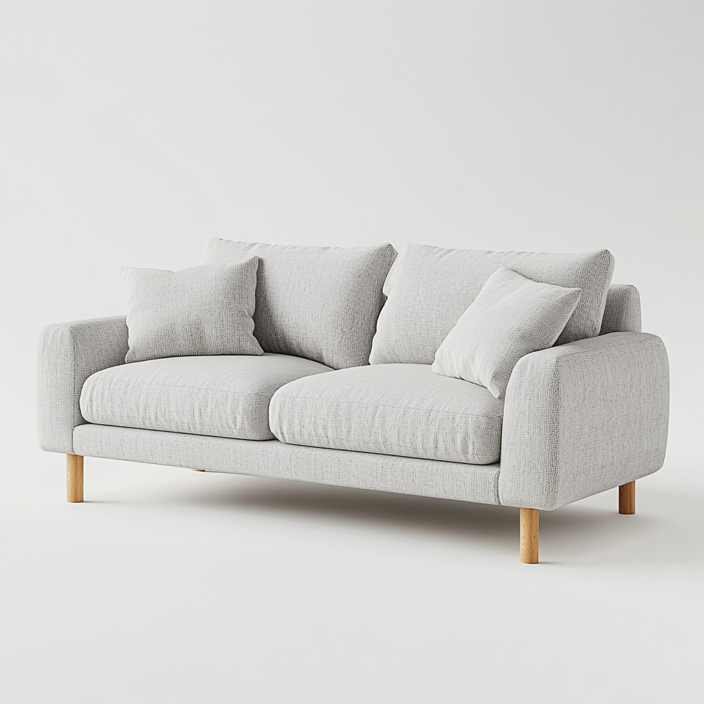 Minimalist-style sofa, light gray fabric, wooden legs.