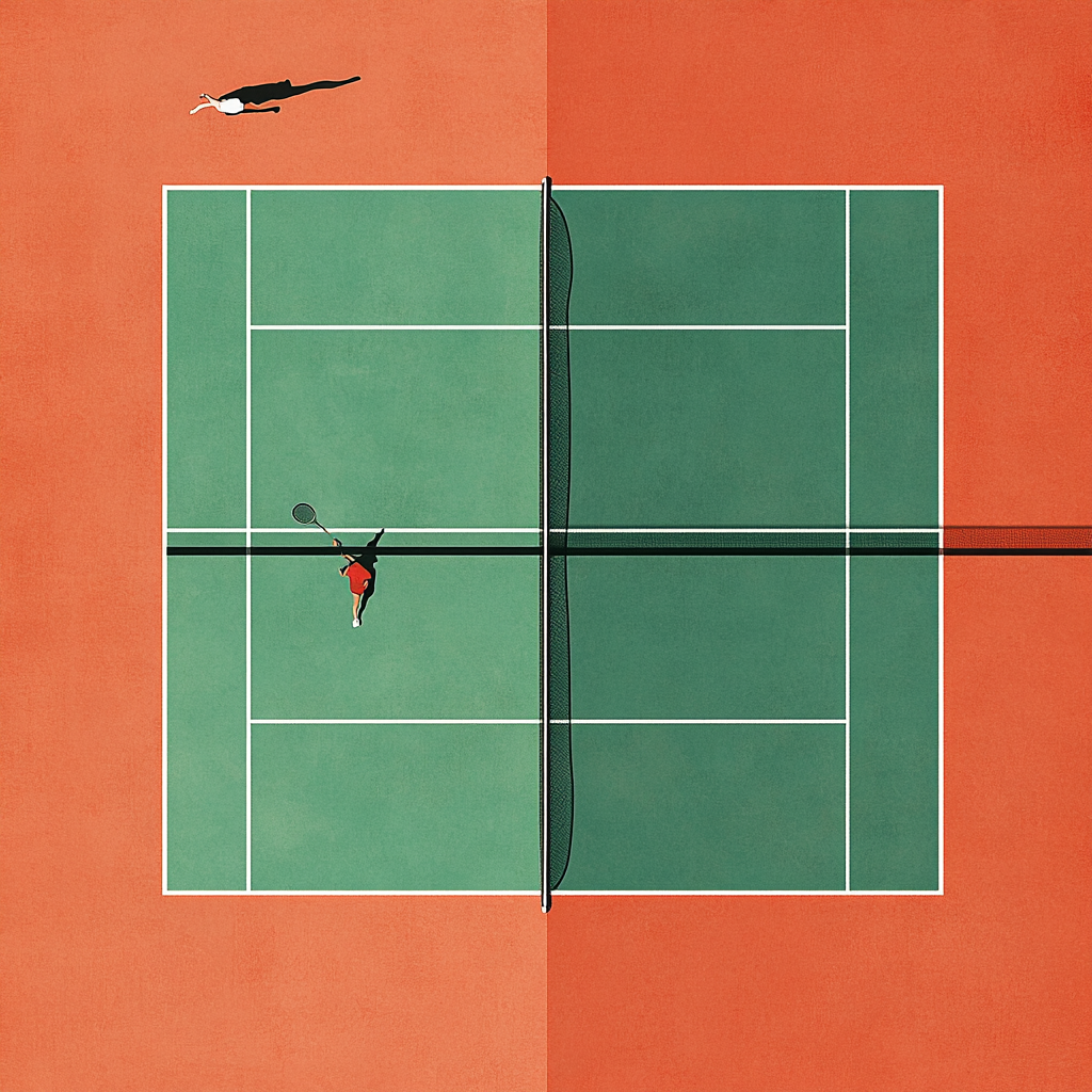 Minimalist tennis court art with players, red background.