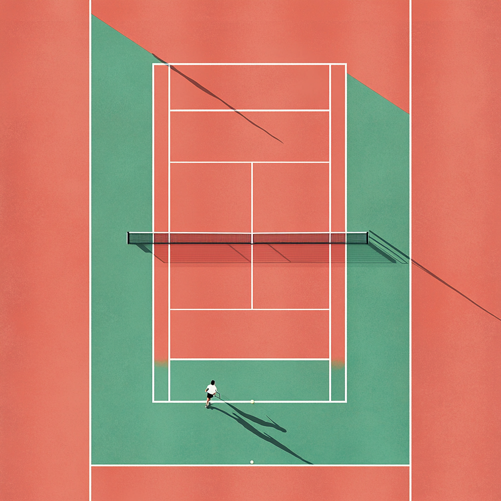 Minimalist tennis court with players on red background design.