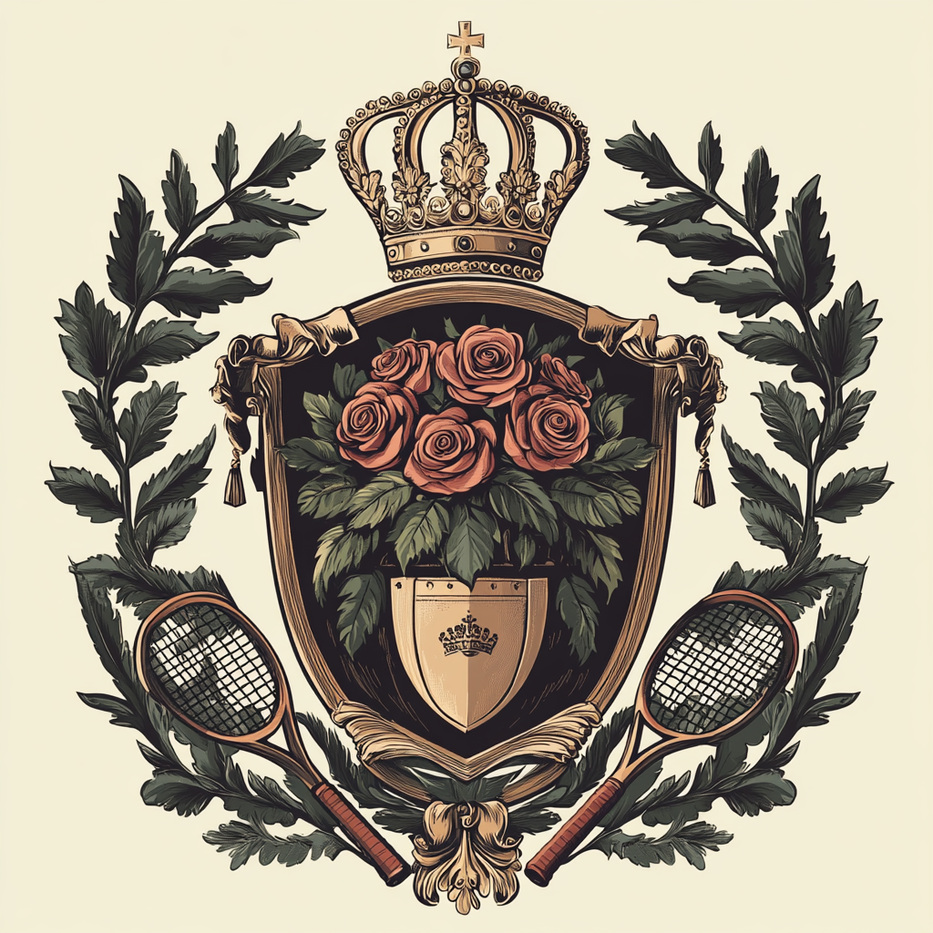 Minimalist vector coat of arms with roses, tiara, and tennis rackets