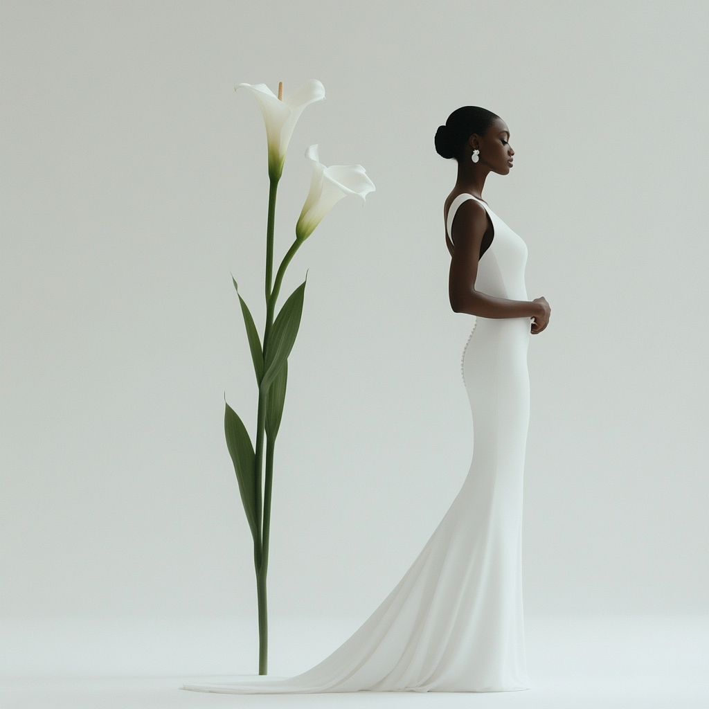 Minimalist wedding dress with slight illusion of white lily.