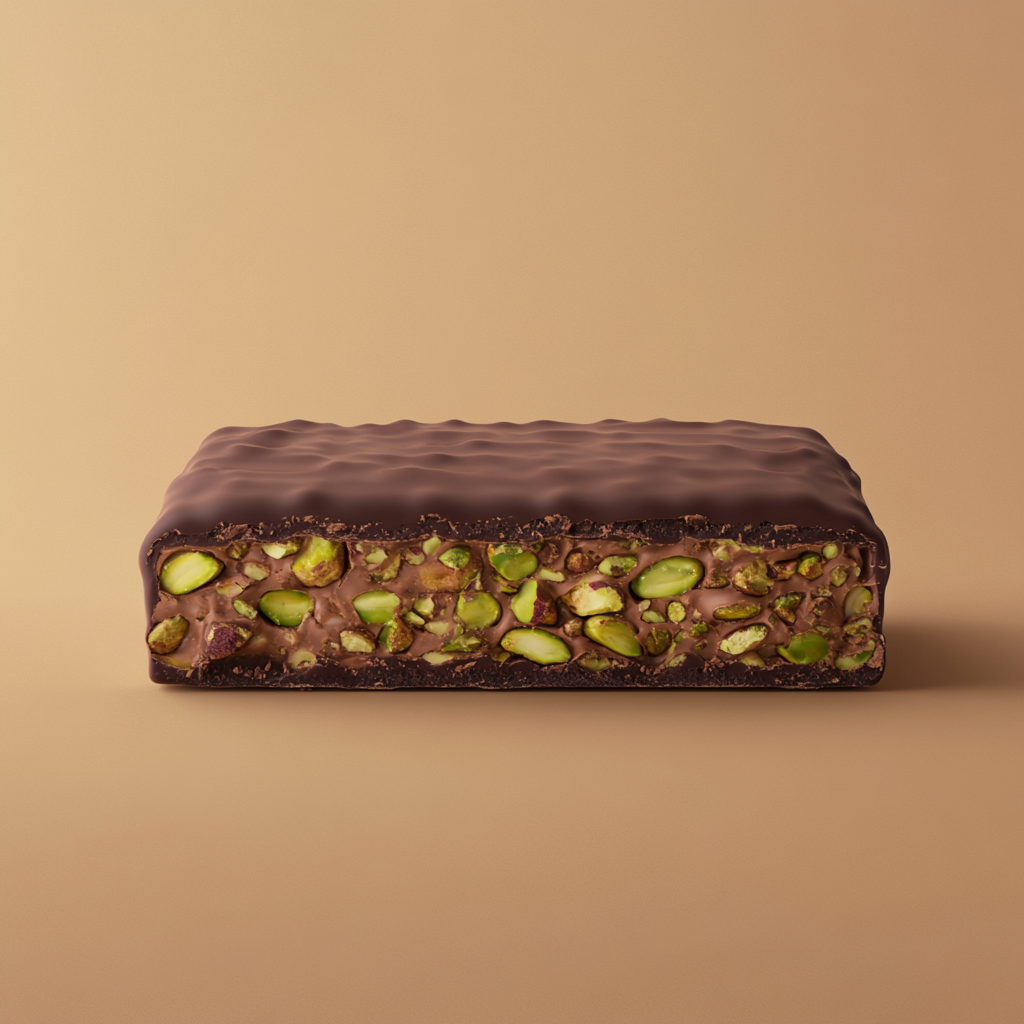 Minimalistic MYDAYS chocolate label with hyper-realistic Kunafa Pistachio flavor.