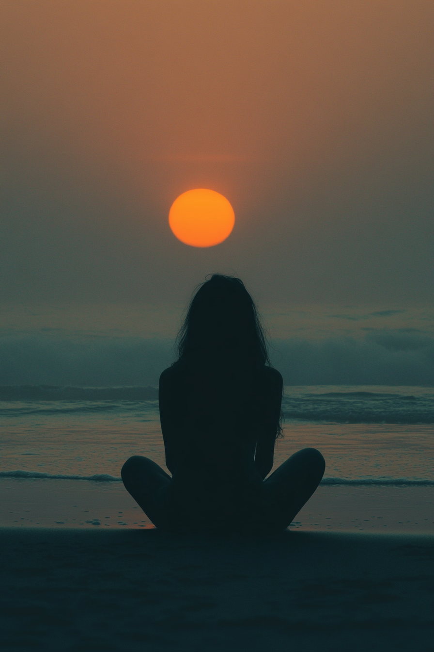 Minimalistic Woman Silhouette Sitting on Beach at Sunset