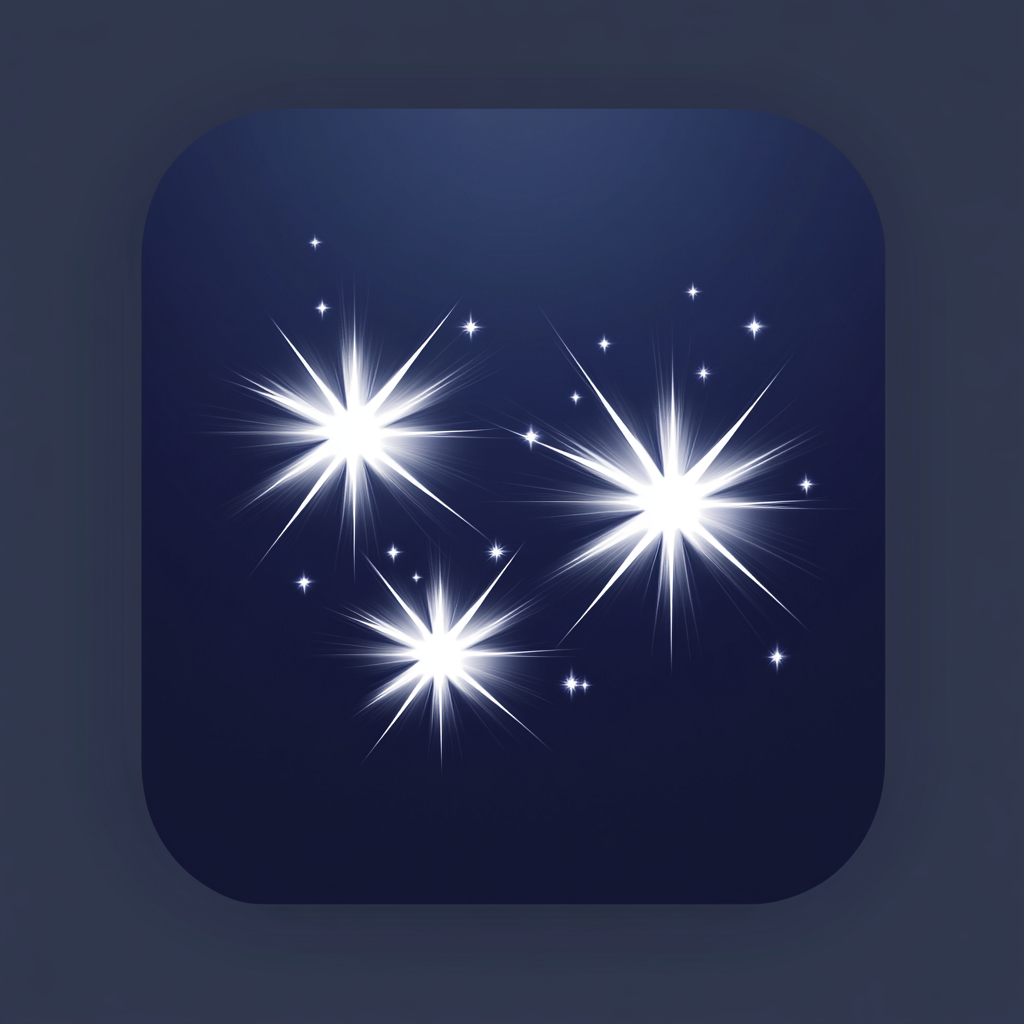 Minimalistic app icon with bright geometric stars on navy-blue.