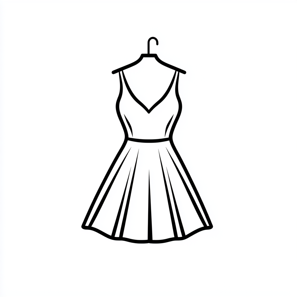 Minimalistic black line icon of a stylish dress.