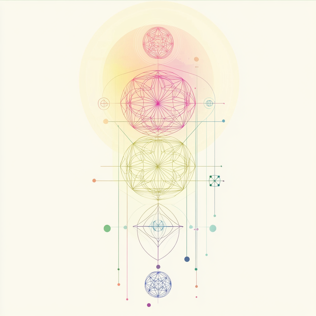 Minimalistic design with sacred geometry in soft pastels and symmetry.