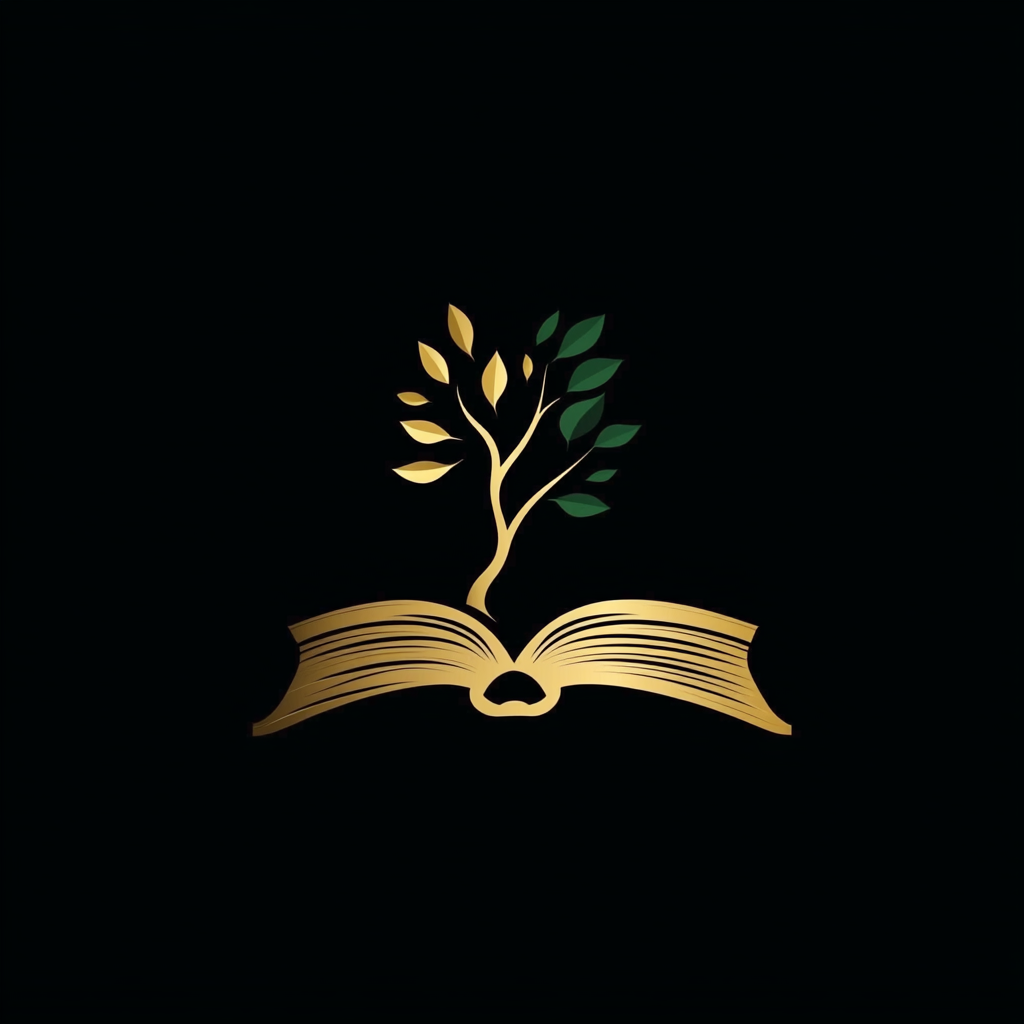 Minimalistic logo: closed book, tree sprouting, gold, green